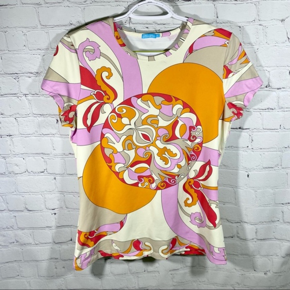 J. McLaughlin Tree Retro Design Short Sleeve Top M Catalina cloth
